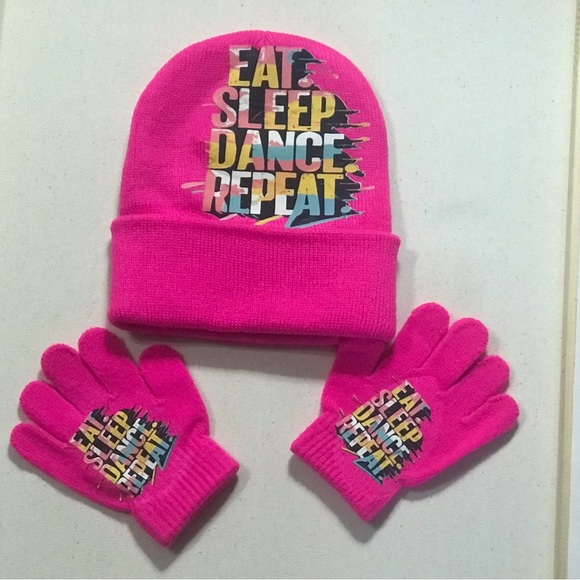Other - Girls pink eat sleep dance repeatknit Hat and gloves two piece set